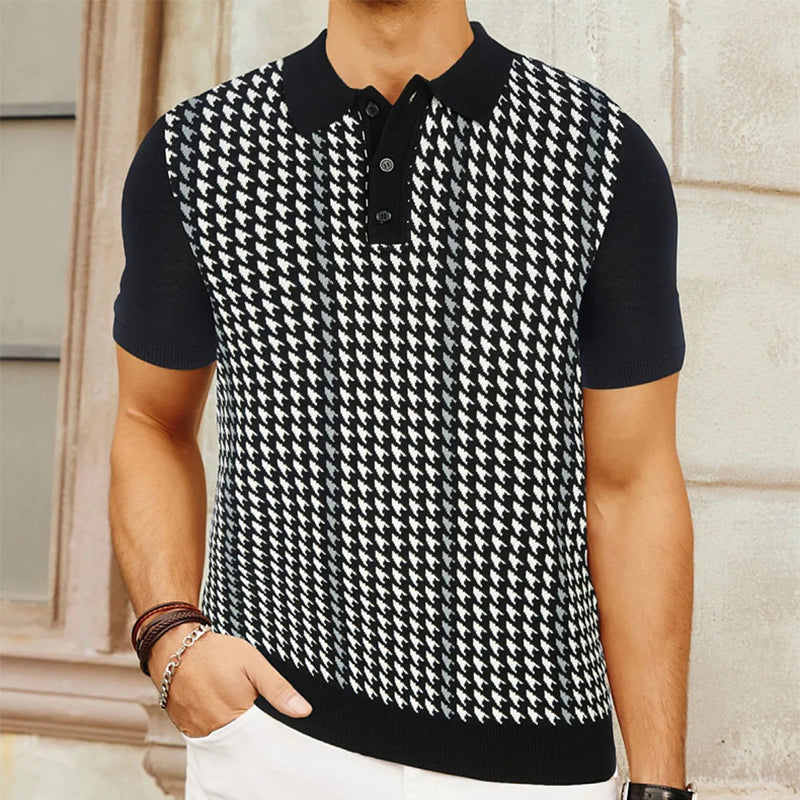 Herren Polo T-Shirt Mit Punktkragen Zwei-Knopf-Leiste Hahnentritt Jacquard Panel