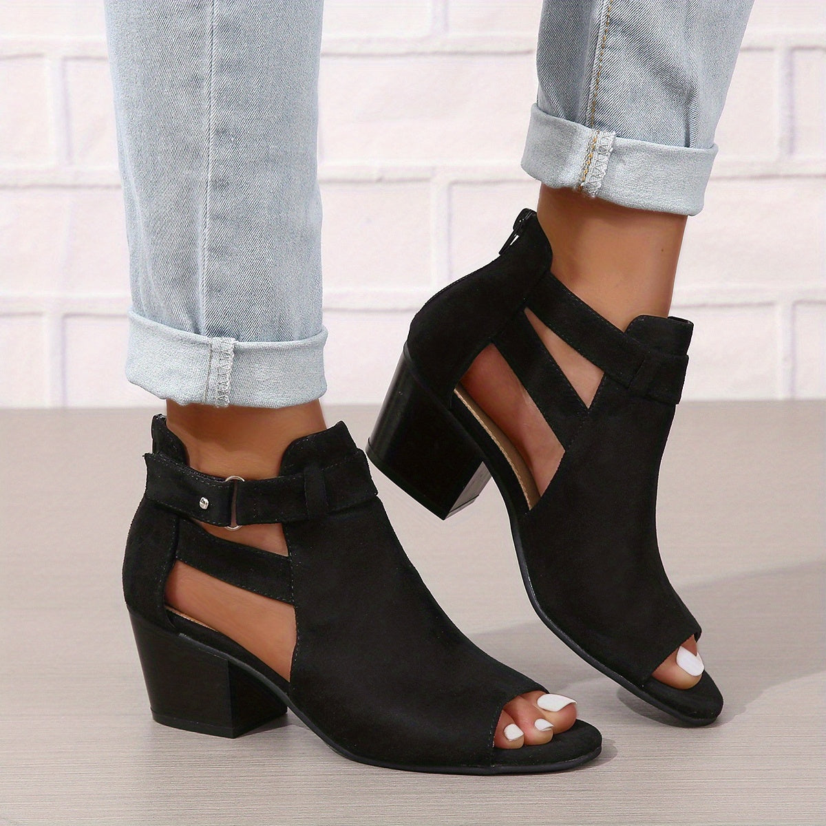 Damen Blockabsatz Sandalen Mit Peep Toe Cutout Knöchelriemen Und Schnalle