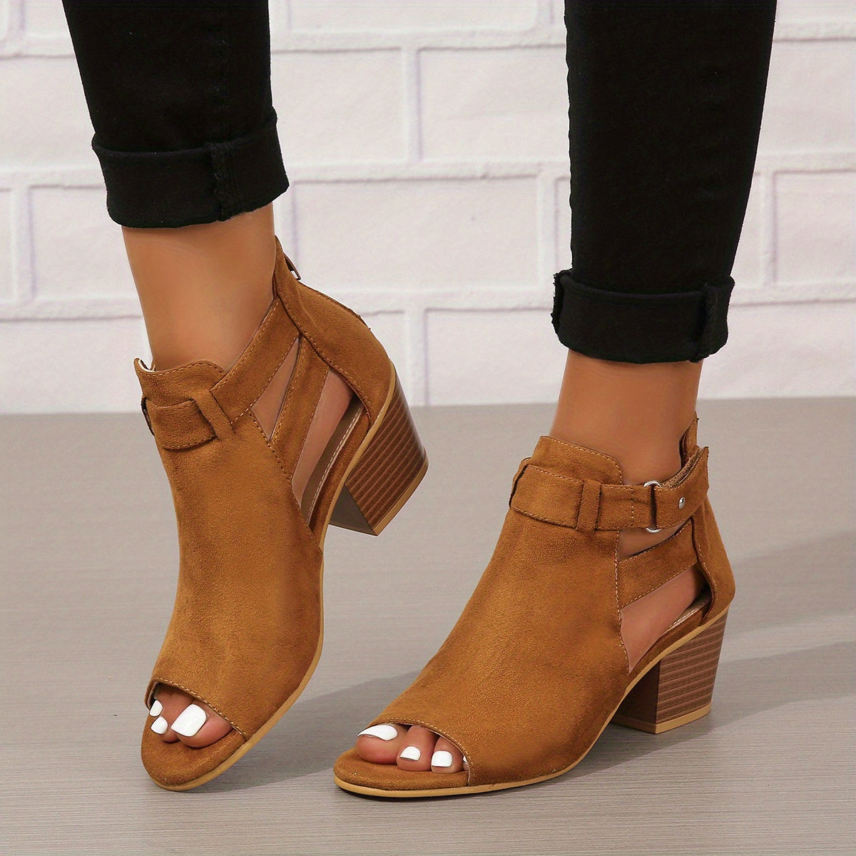 Damen Blockabsatz Sandalen Mit Peep Toe Cutout Knöchelriemen Und Schnalle