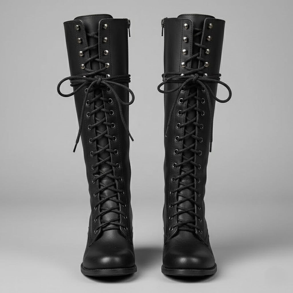 Astra Damen Kniehohe Stiefel Zum Schnüren Mit Blockabsatz