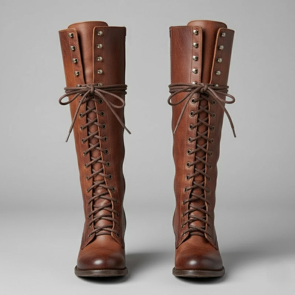 Astra Damen Kniehohe Stiefel Zum Schnüren Mit Blockabsatz