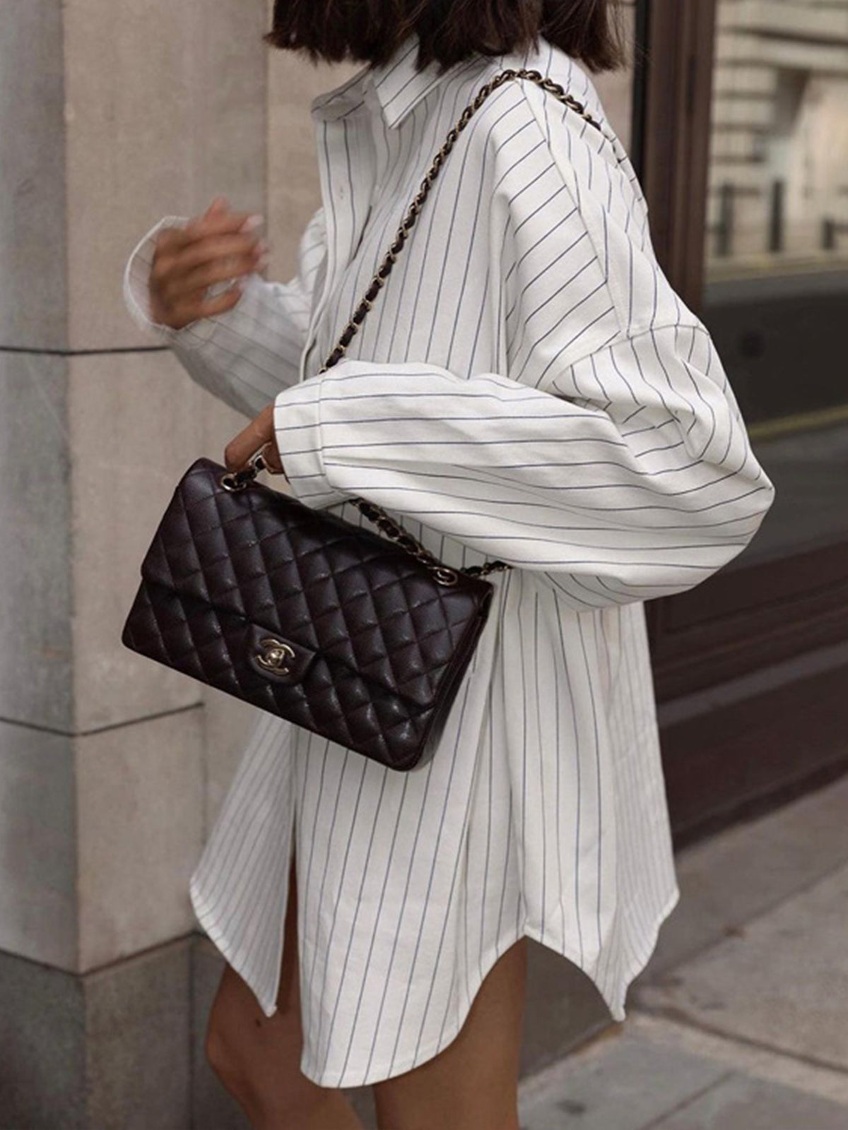 Damen Oversized Gestreifte Bluse Mit Knopfleiste Und Strukturiertem Kragen