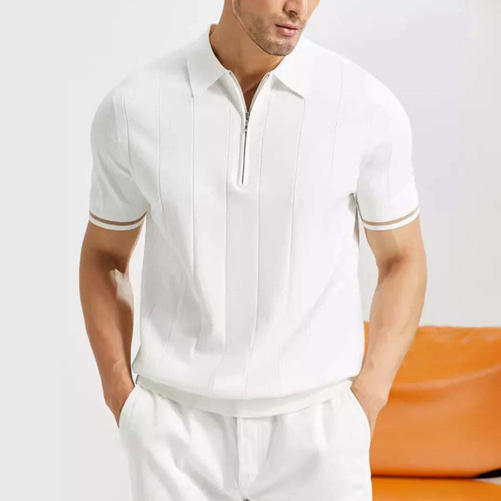 Herren Feinstrick Quarter-Zip Polo Kurzarm Mit Vertikalen Streifen