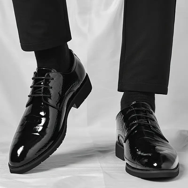 Herren Schwarze Lackleder-Oxford-Schuhe Glänzende Textur Mit Schnürverschluss