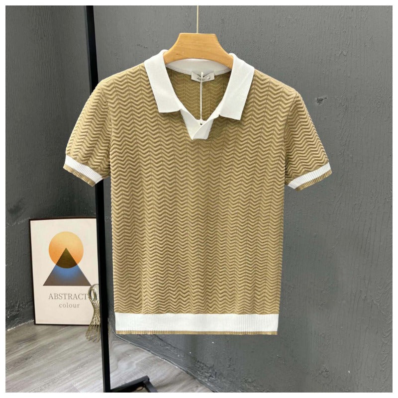 Herren Poloshirt Kurzarm Im Zickzackstrick Mit Kontrastkragen