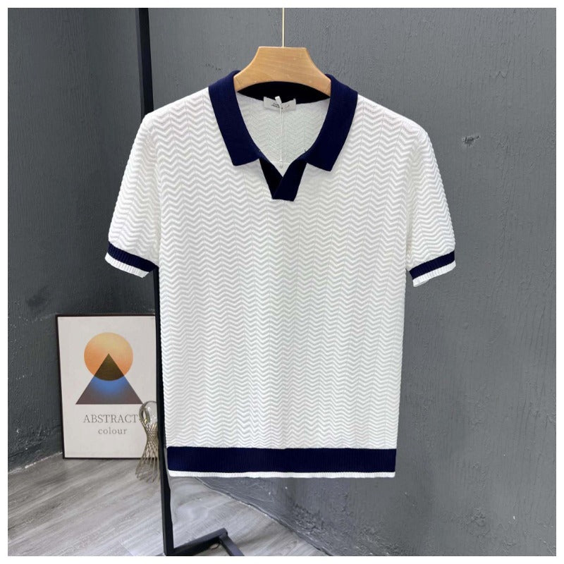 Herren Poloshirt Kurzarm Im Zickzackstrick Mit Kontrastkragen