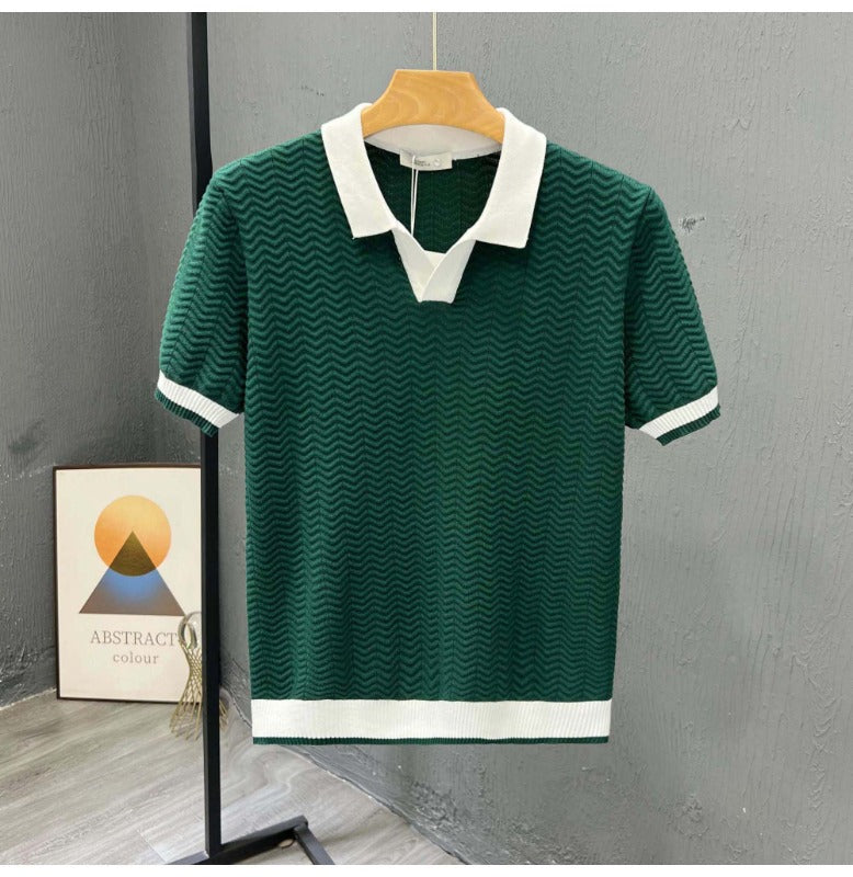 Herren Poloshirt Kurzarm Im Zickzackstrick Mit Kontrastkragen