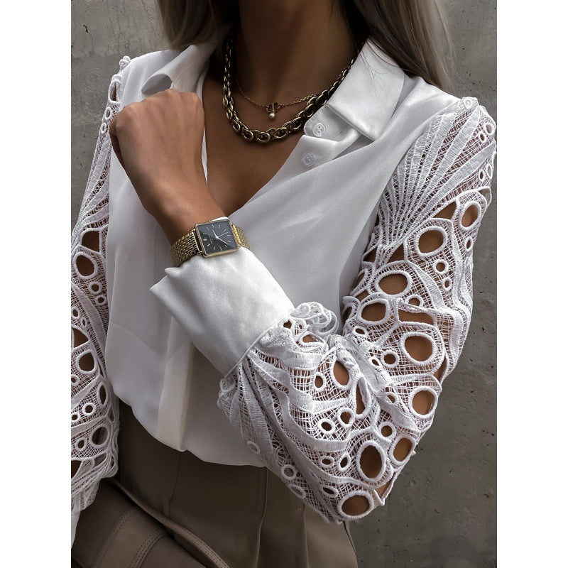 Damen Bluse Mit Spitzenärmeln Und Kragen Und Knopfleiste Aus Cutwork-Spitze