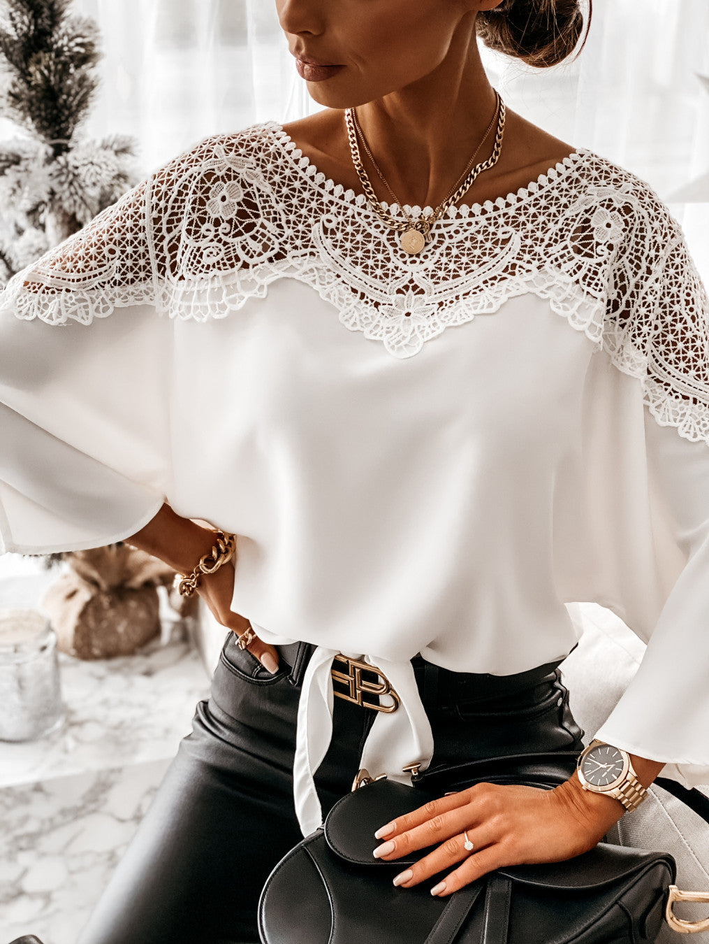 Damen Spitze Bluse Mit Rundhals Yoke Spitze Lange Ärmel Ausgestellte Manschette