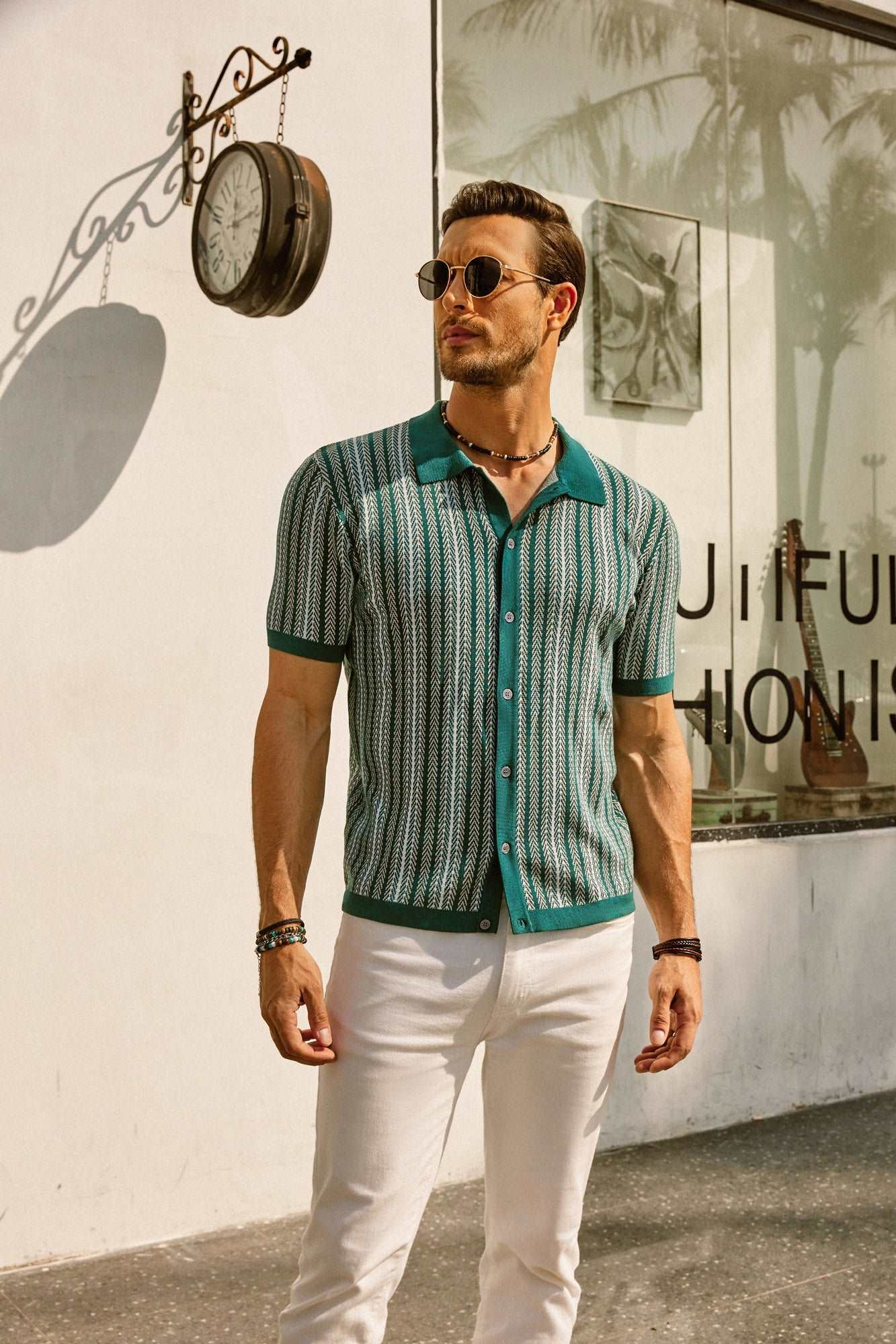 Retro Gestreiftes Button-Down Polohemd Kurzarm Vintage-Look Für Männer