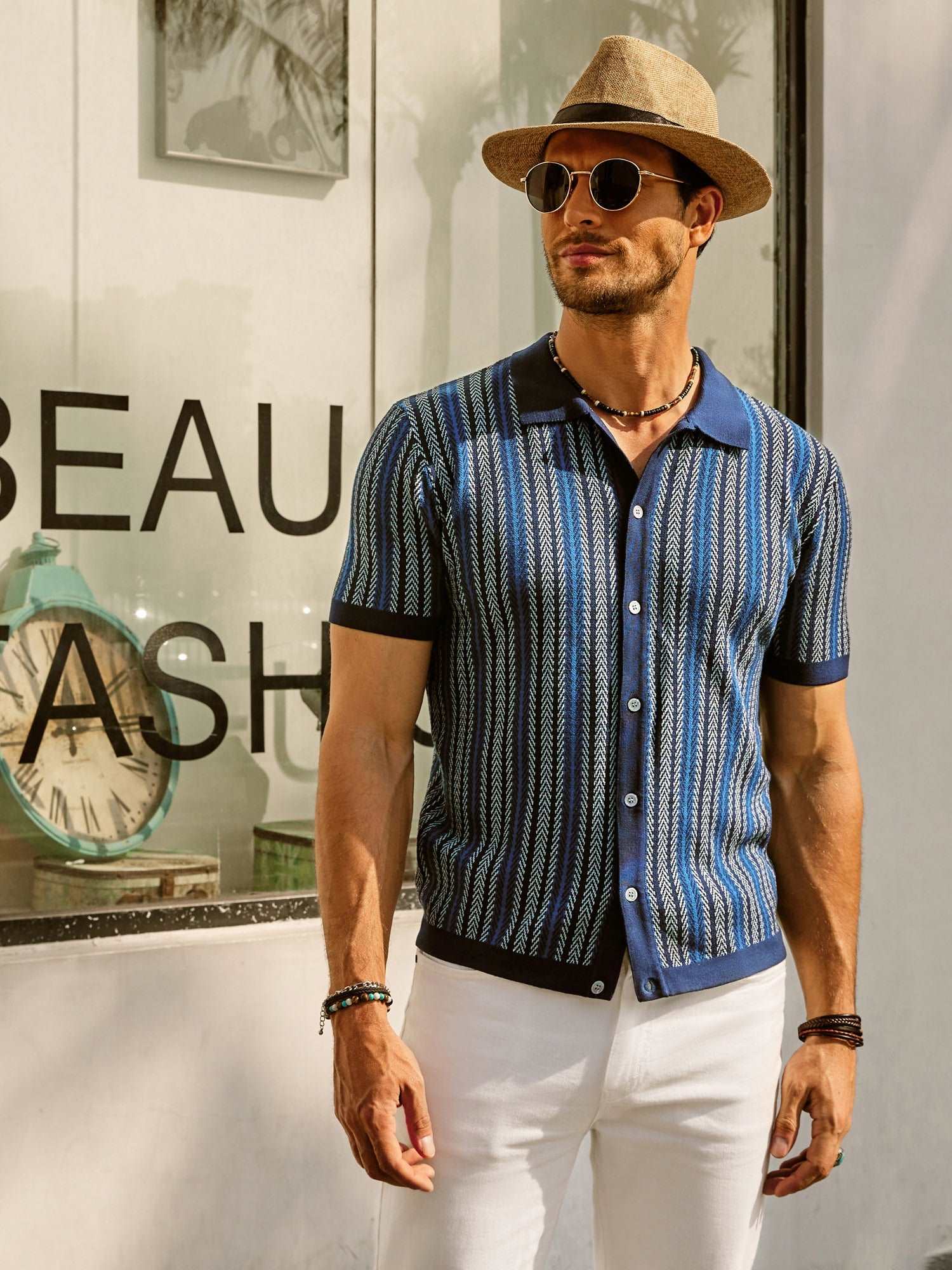 Retro Gestreiftes Button-Down Polohemd Kurzarm Vintage-Look Für Männer