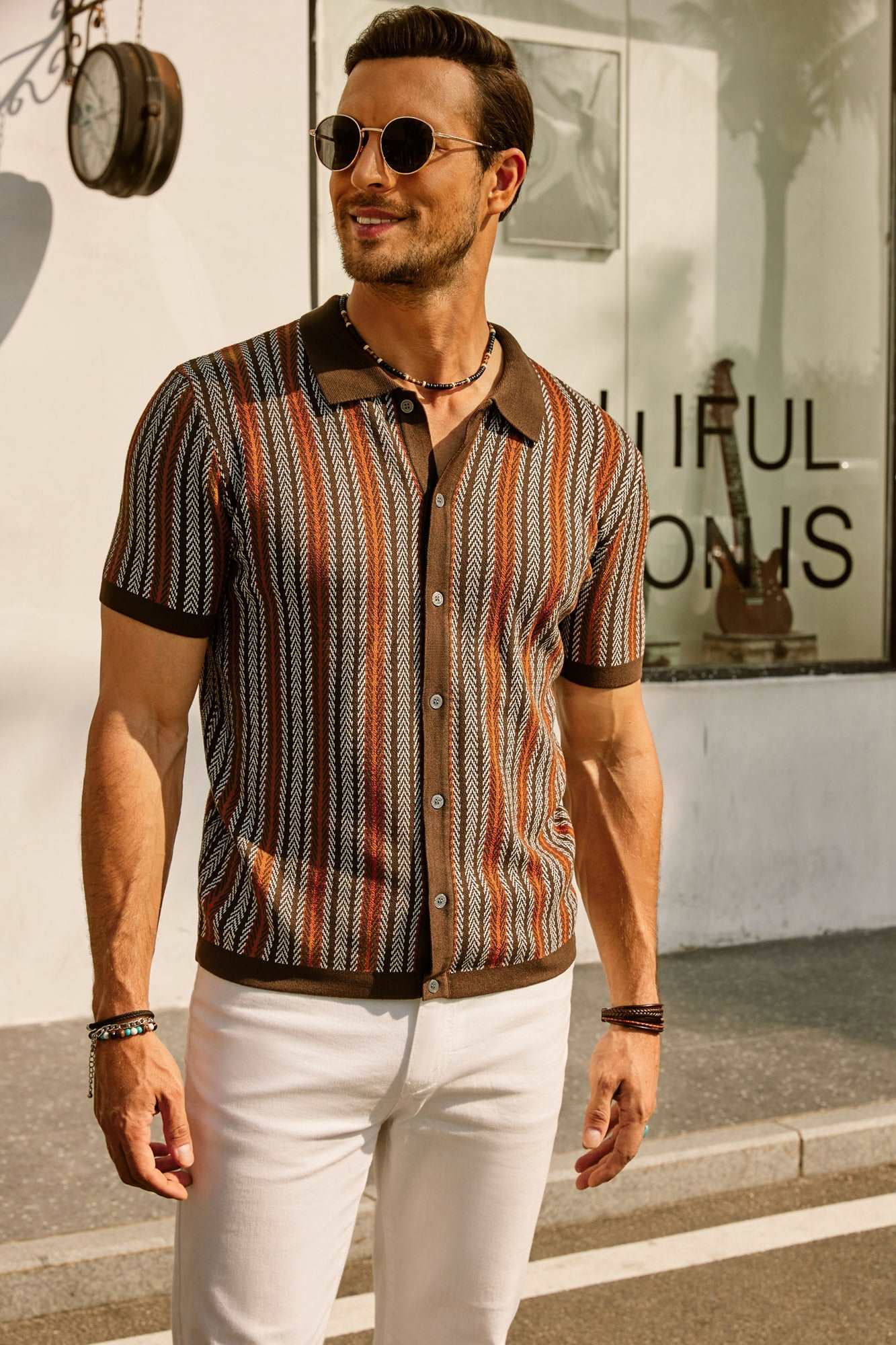 Retro Gestreiftes Button-Down Polohemd Kurzarm Vintage-Look Für Männer