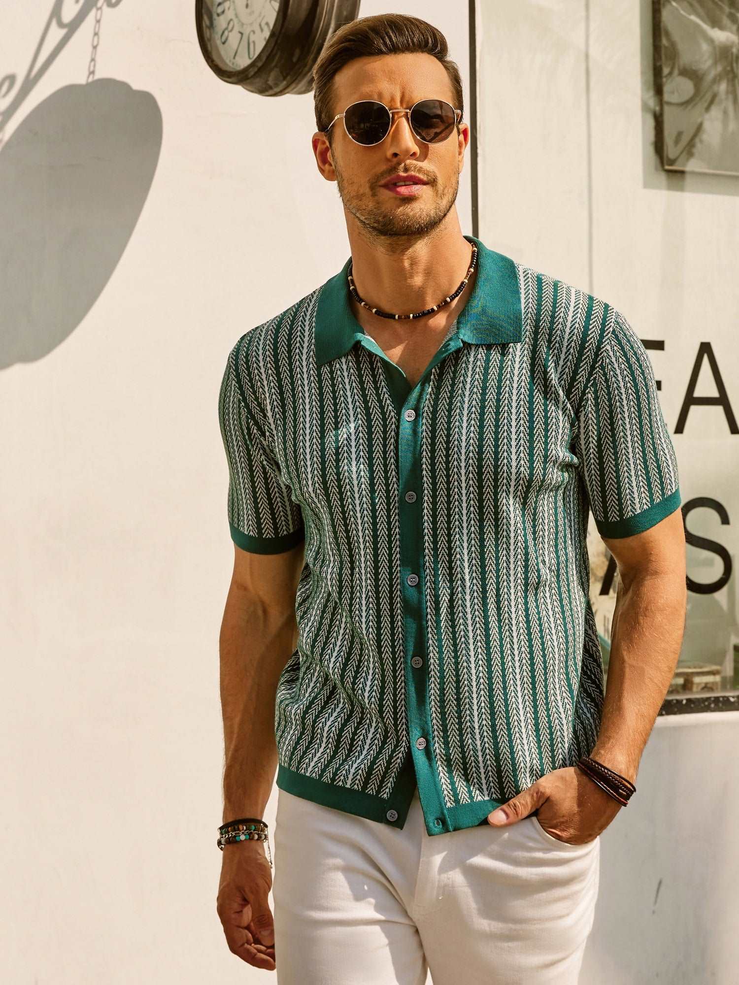 Retro Gestreiftes Button-Down Polohemd Kurzarm Vintage-Look Für Männer