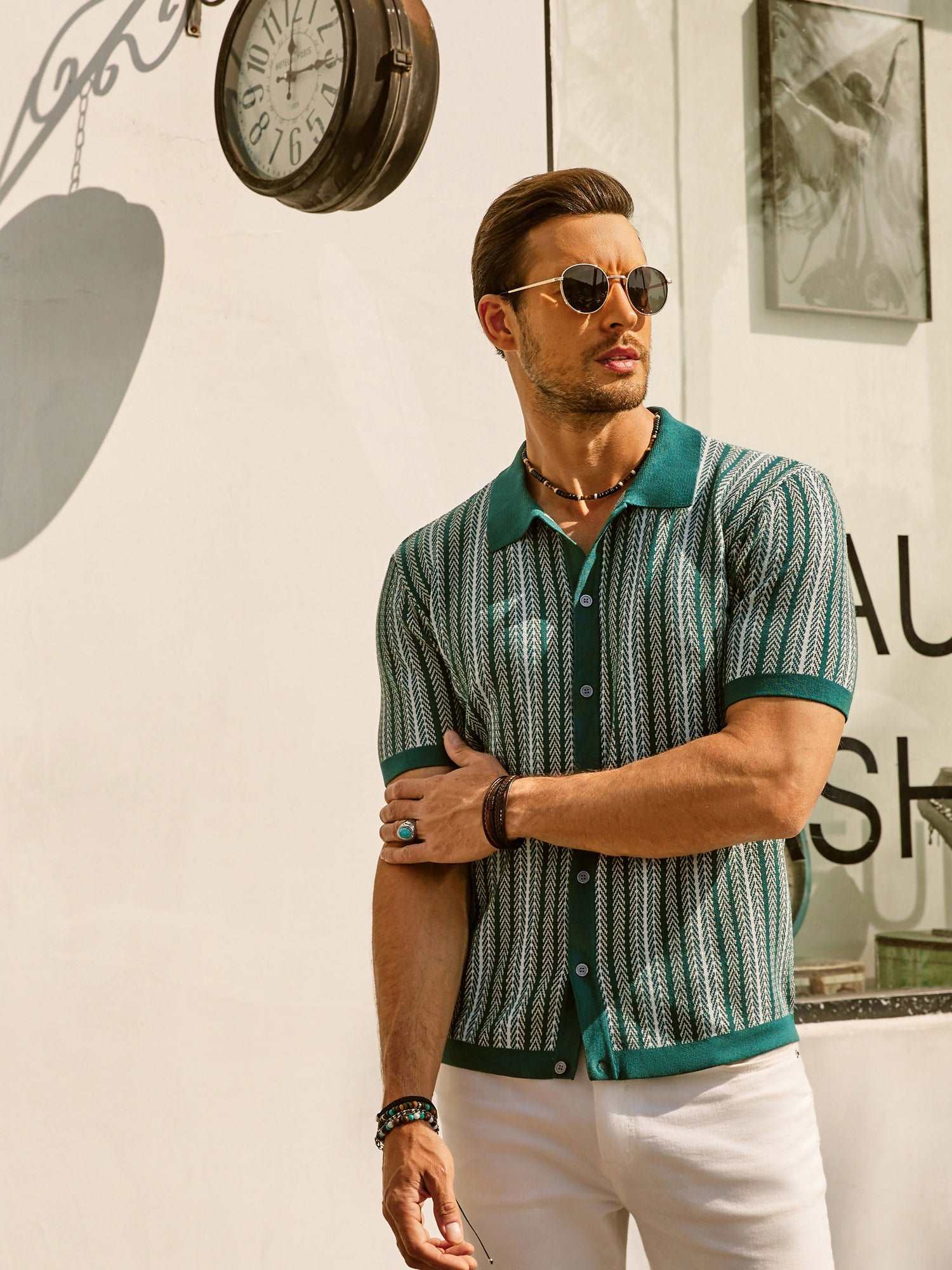 Retro Gestreiftes Button-Down Polohemd Kurzarm Vintage-Look Für Männer