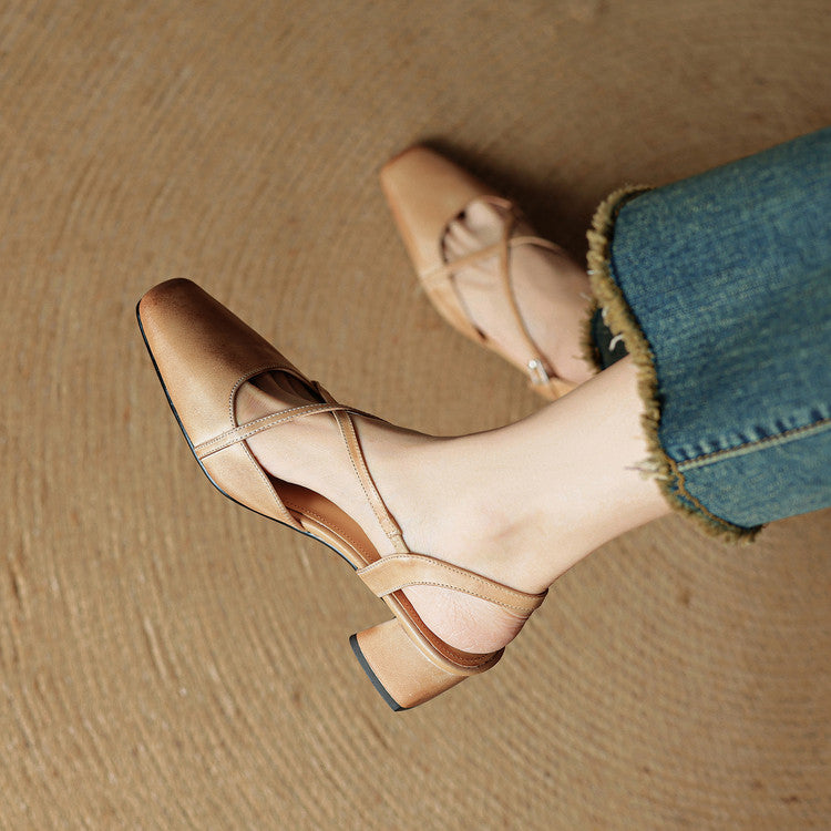 Damen Slingback Mit Blockabsatz Criss-Cross Knöchelriemen Quadratische Zehenform