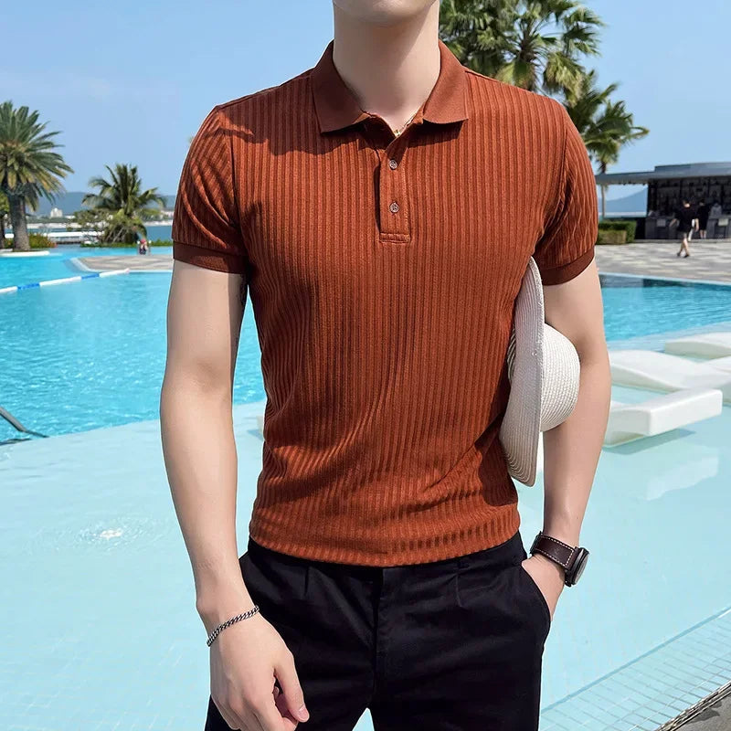 Herren Polohemd Aus Strick Kurzarm Gerippt Mit Punktkragen Slim Fit