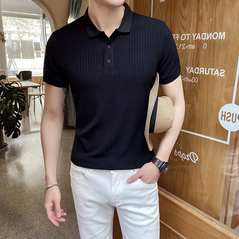 Herren Polohemd Aus Strick Kurzarm Gerippt Mit Punktkragen Slim Fit