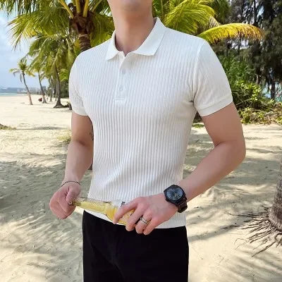 Herren Polohemd Aus Strick Kurzarm Gerippt Mit Punktkragen Slim Fit
