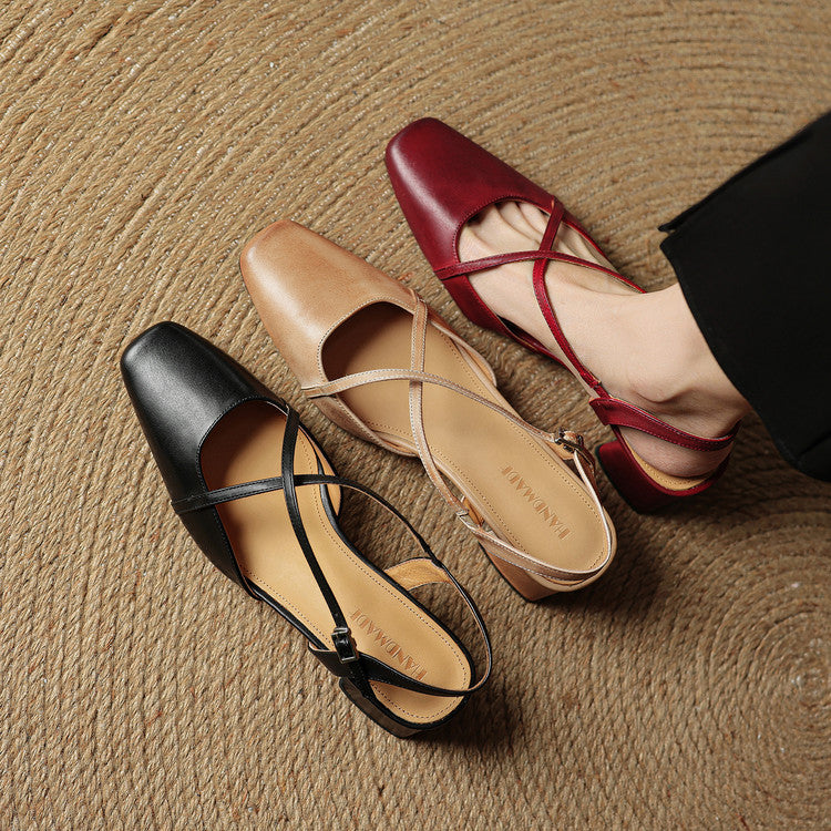 Damen Slingback Mit Blockabsatz Criss-Cross Knöchelriemen Quadratische Zehenform