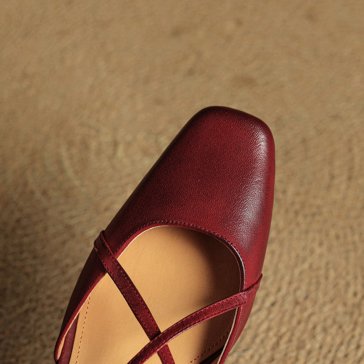 Damen Slingback Mit Blockabsatz Criss-Cross Knöchelriemen Quadratische Zehenform