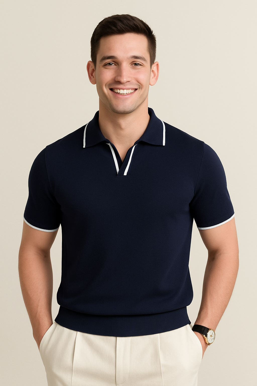 Kurzarm Strickpolo Mit Kontrastbesatz Und Slim Fit