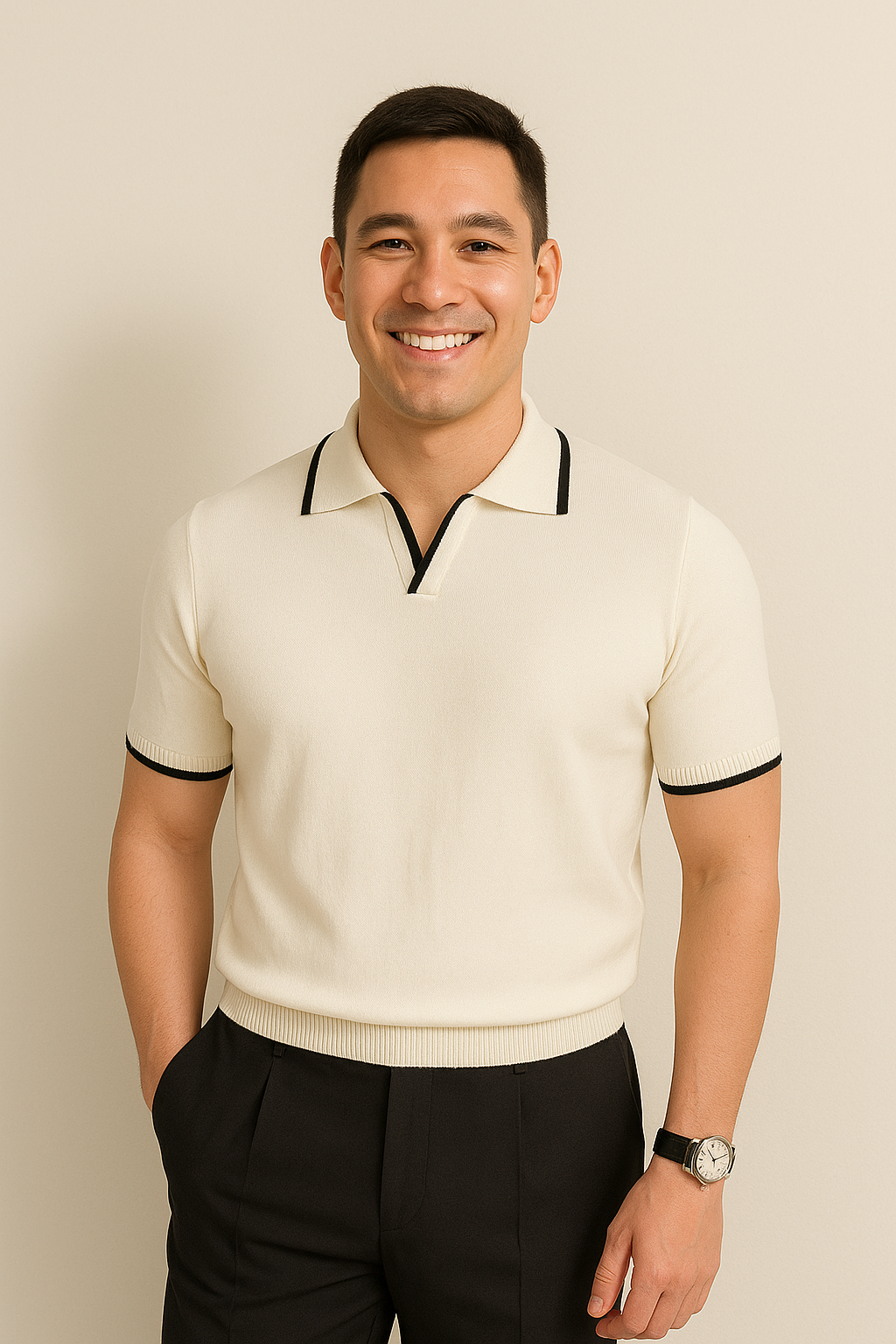 Kurzarm Strickpolo Mit Kontrastbesatz Und Slim Fit