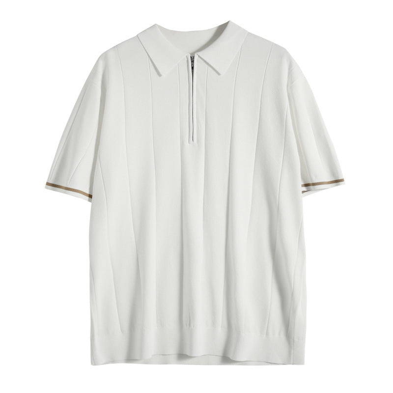Herren Feinstrick Quarter-Zip Polo Kurzarm Mit Vertikalen Streifen