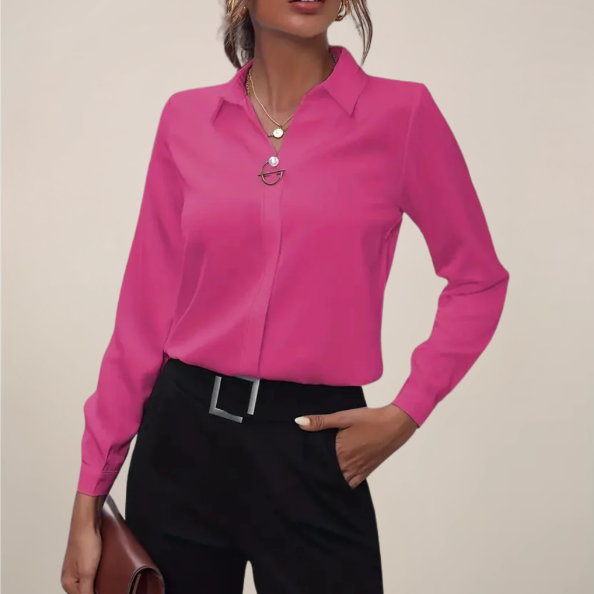 Elegante Einfarbige Damenbluse Mit Langen Ärmeln Und Kragen