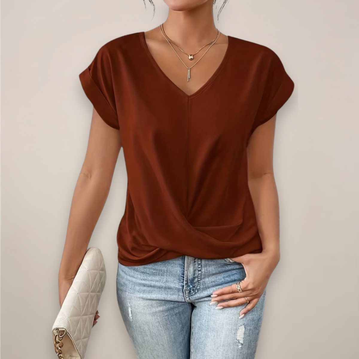 Damen Kurzarm-Top Mit Twist-Front Und V-Ausschnitt Frühling Sommer