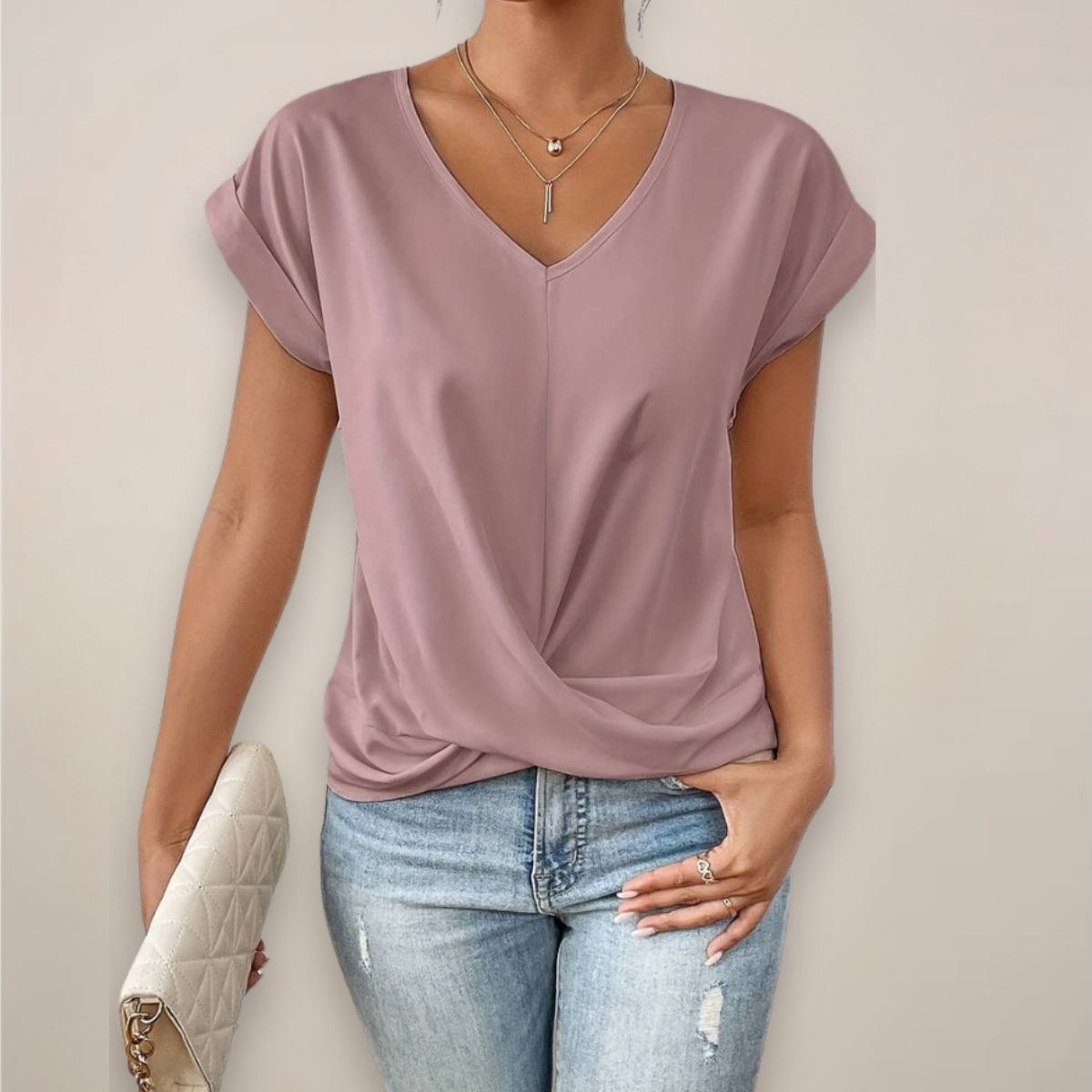 Damen Kurzarm-Top Mit Twist-Front Und V-Ausschnitt Frühling Sommer