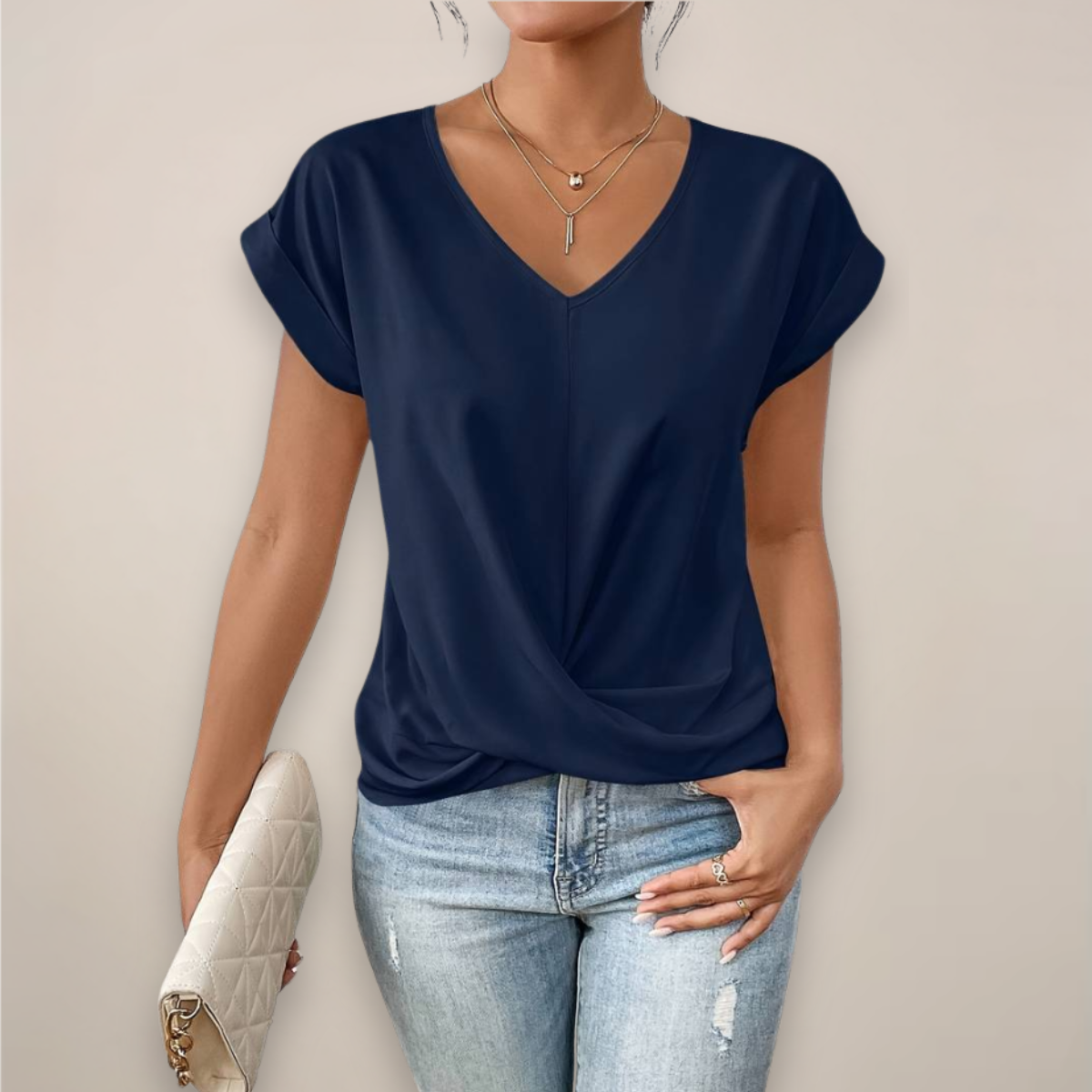 Damen Kurzarm-Top Mit Twist-Front Und V-Ausschnitt Frühling Sommer
