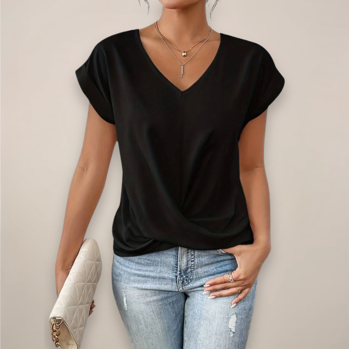 Damen Kurzarm-Top Mit Twist-Front Und V-Ausschnitt Frühling Sommer