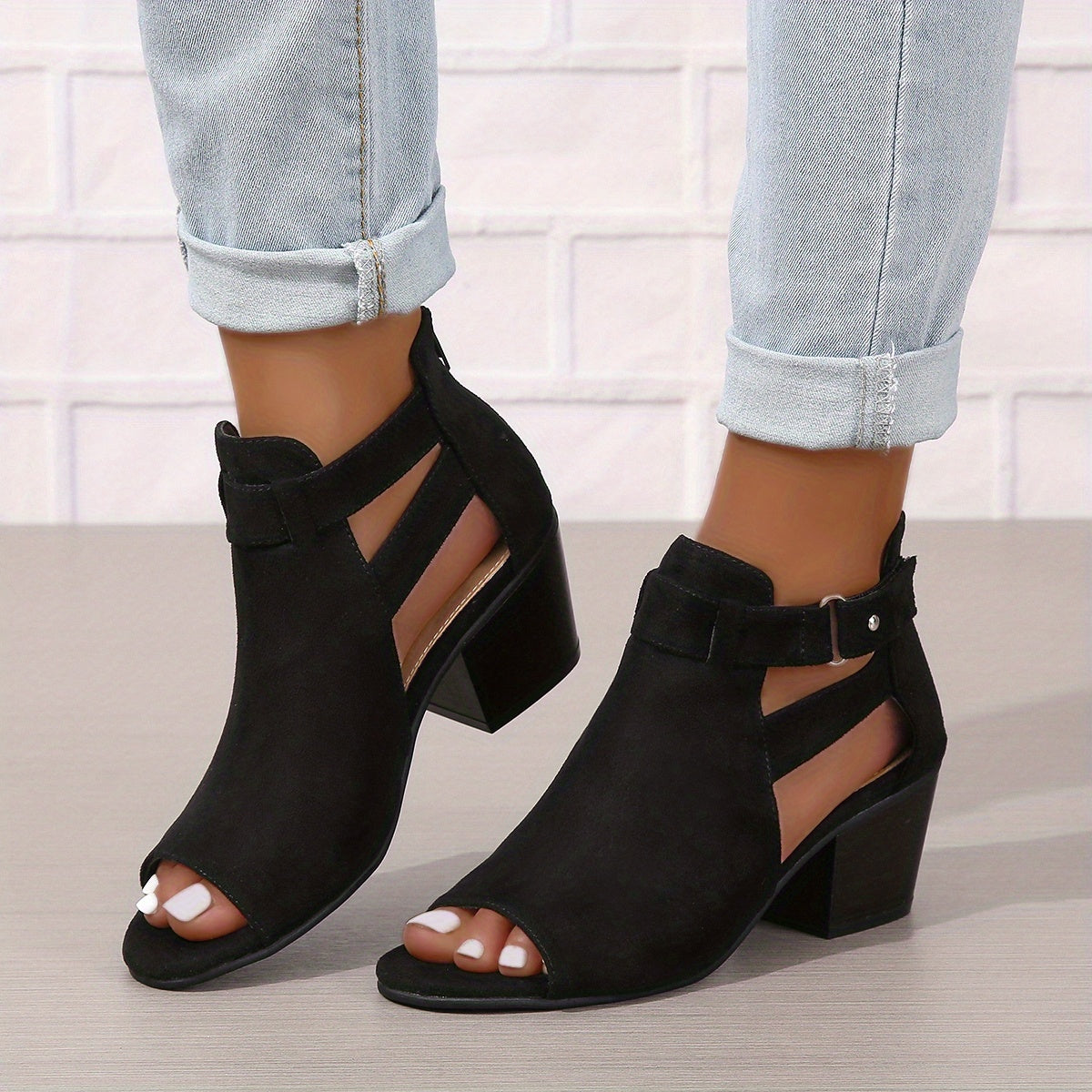 Damen Blockabsatz Sandalen Mit Peep Toe Cutout Knöchelriemen Und Schnalle