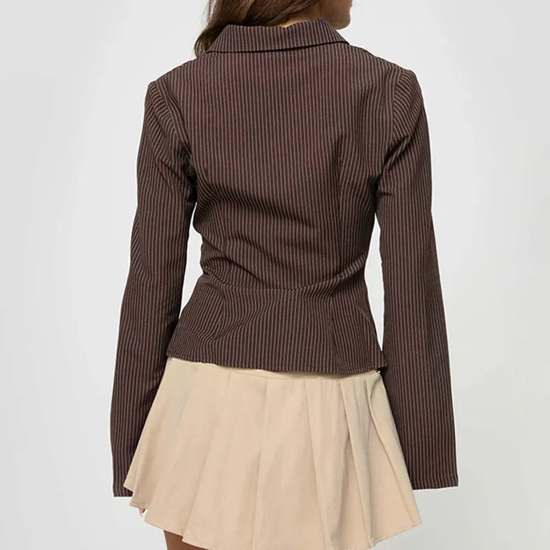 Damen Rippstreifen Bluse Mit Knopfleiste Und Punktkragen Lange Ärmel