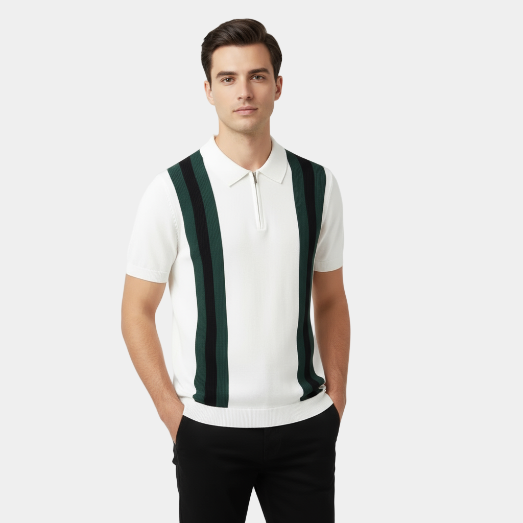 Herren Polo Mit Vertikalen Streifen Halb-Zip-Knopfleiste Gerippter Saum
