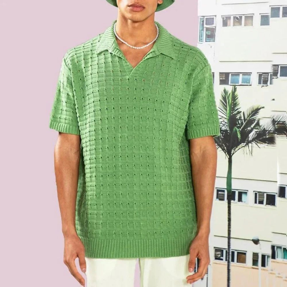Herren Strick Polo-Shirt Mit Offenem V-Ausschnitt Und Waffelstruktur Kurzarm