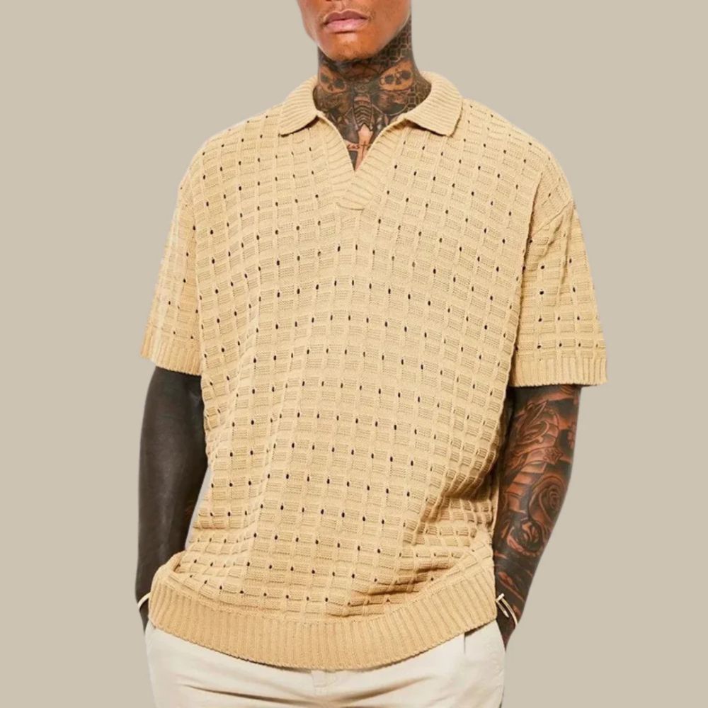 Herren Strick Polo-Shirt Mit Offenem V-Ausschnitt Und Waffelstruktur Kurzarm