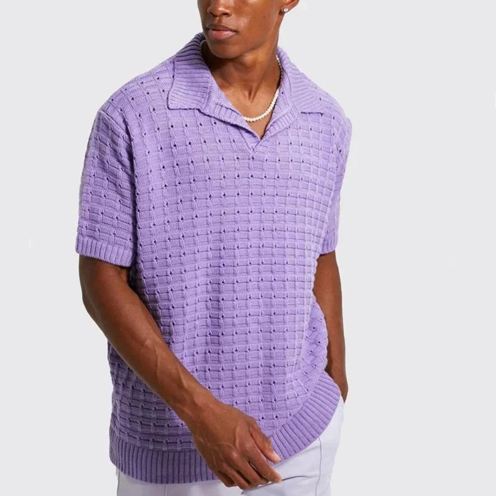 Herren Strick Polo-Shirt Mit Offenem V-Ausschnitt Und Waffelstruktur Kurzarm