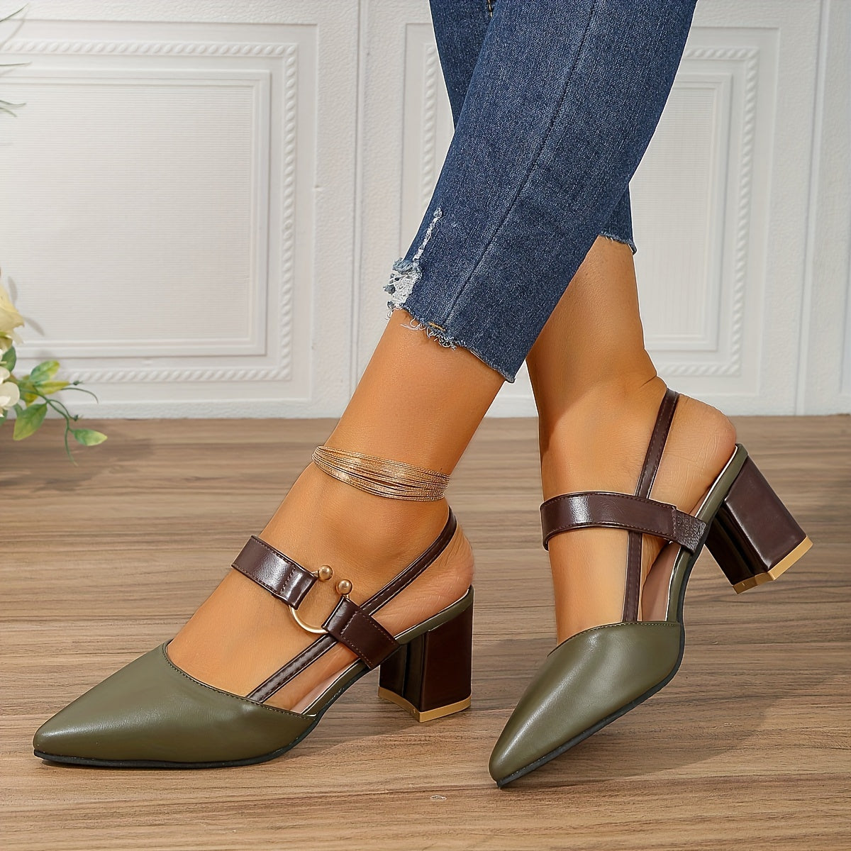 Damen Slingback-Pumps Mit Blockabsatz Zweifarbig Kontrast-Riemen Goldenen Ring
