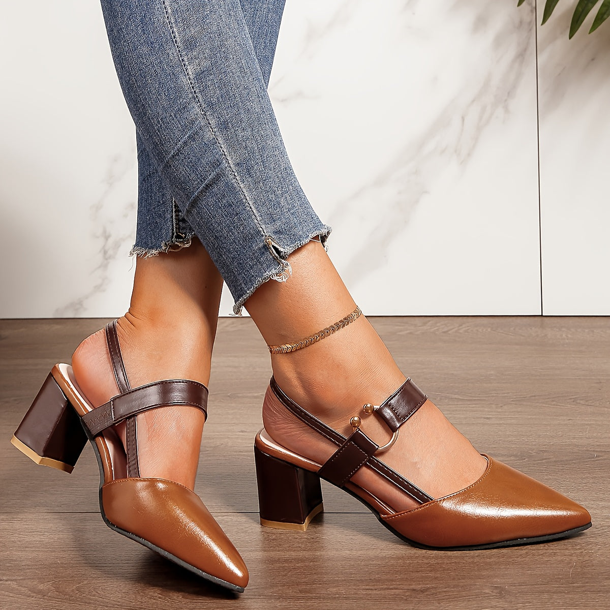 Damen Slingback-Pumps Mit Blockabsatz Zweifarbig Kontrast-Riemen Goldenen Ring
