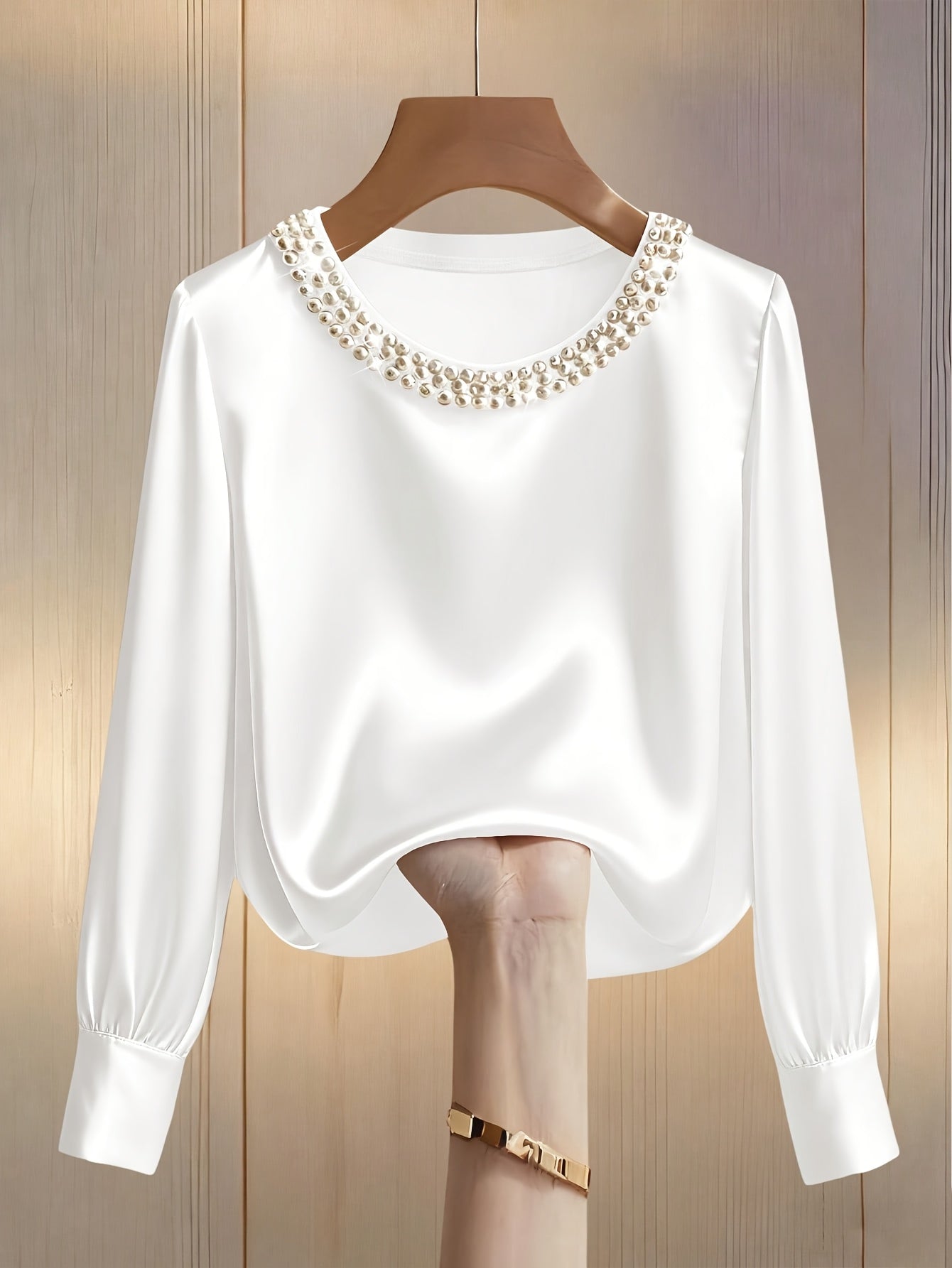 Damen Bluse Mit Satin-Bischofärmeln Und Perlen- und Kristallbesatz