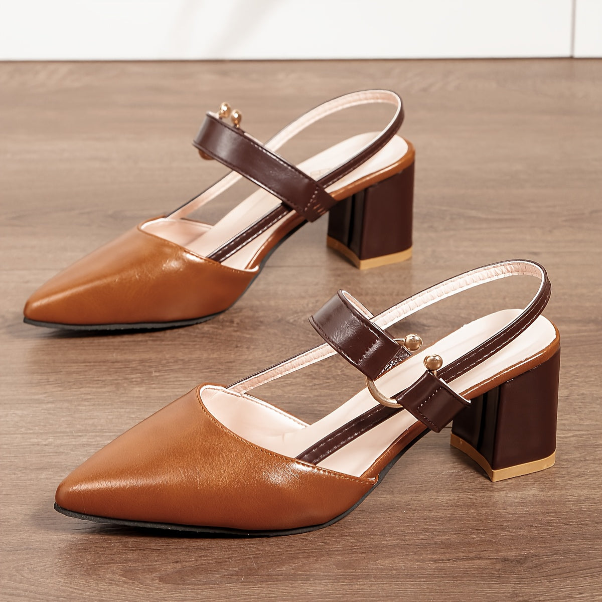 Damen Slingback-Pumps Mit Blockabsatz Zweifarbig Kontrast-Riemen Goldenen Ring