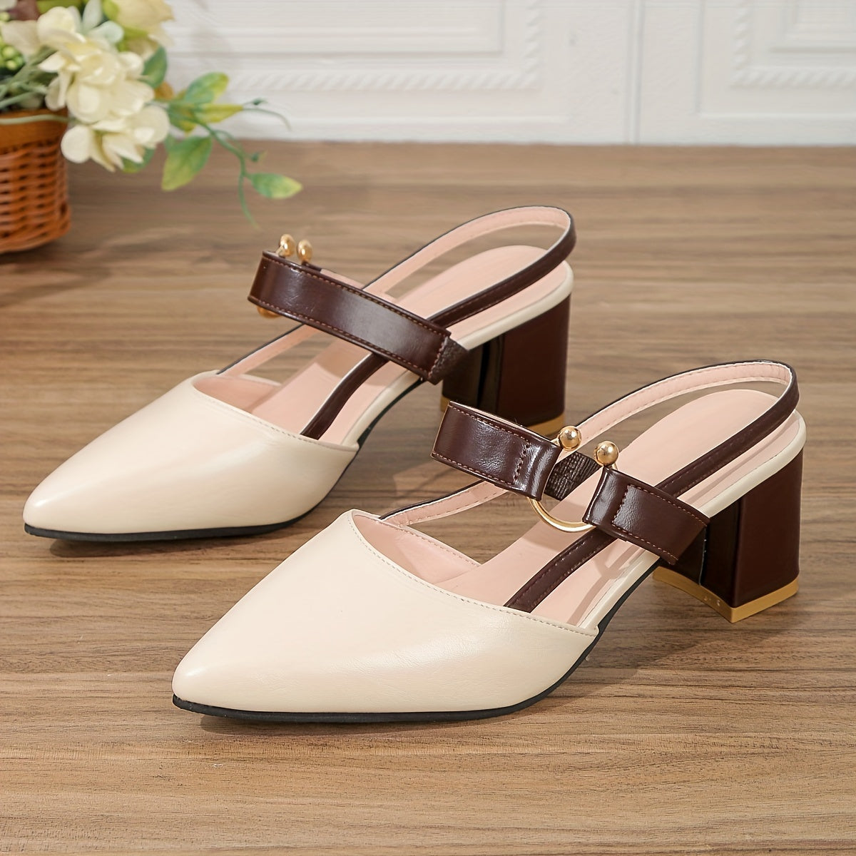 Damen Slingback-Pumps Mit Blockabsatz Zweifarbig Kontrast-Riemen Goldenen Ring