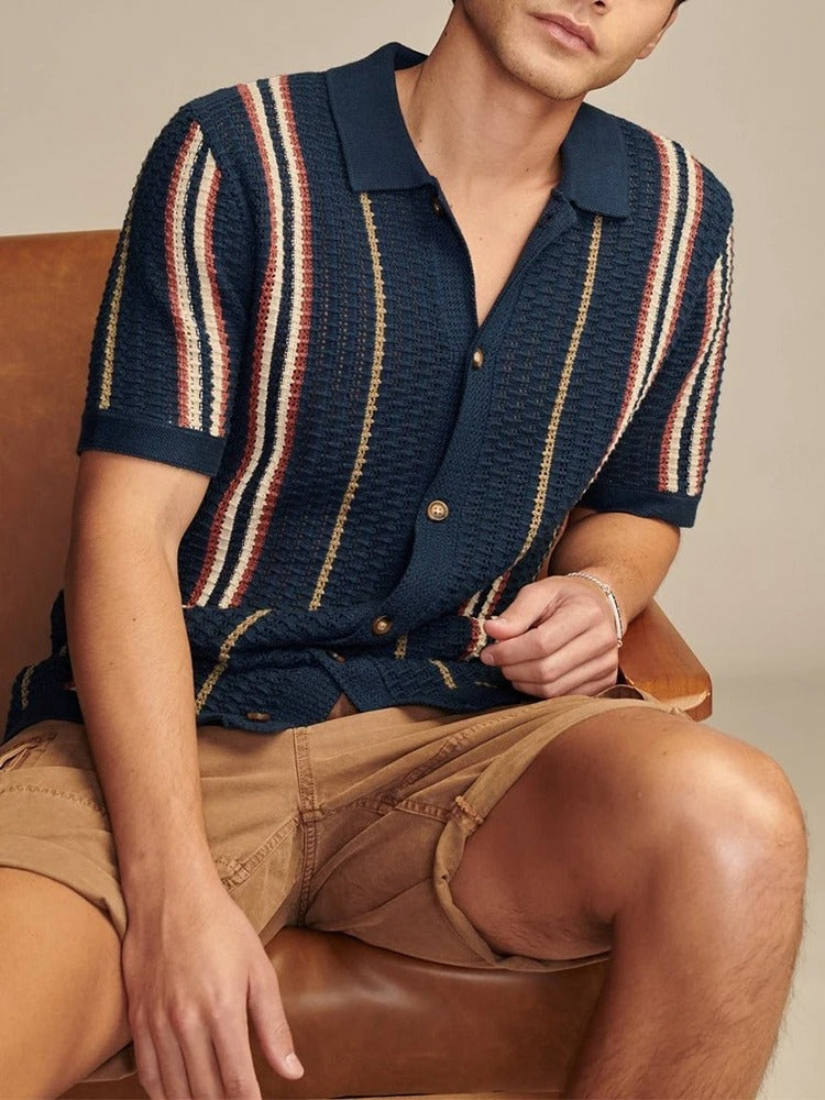 Herren Offenes Strickhemd Kurzarm Mit Reverskragen Und Knopfleiste Im Streifenlook