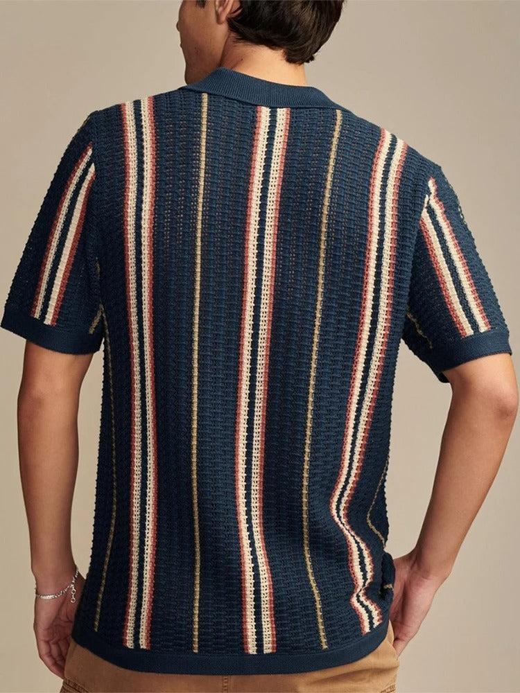Herren Offenes Strickhemd Kurzarm Mit Reverskragen Und Knopfleiste Im Streifenlook