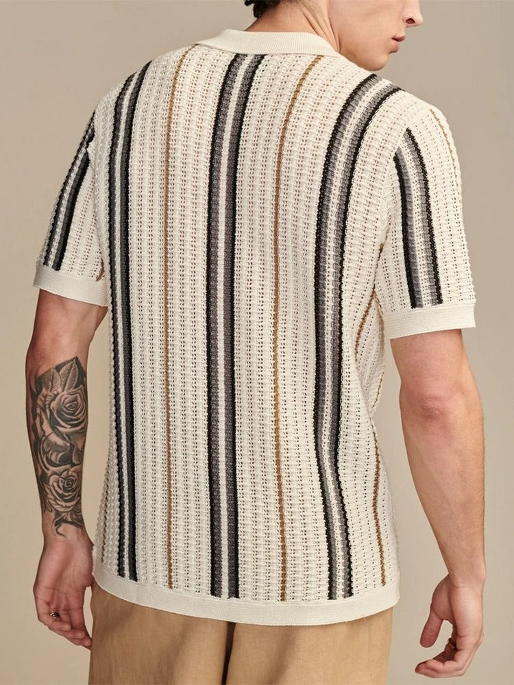 Herren Offenes Strickhemd Kurzarm Mit Reverskragen Und Knopfleiste Im Streifenlook