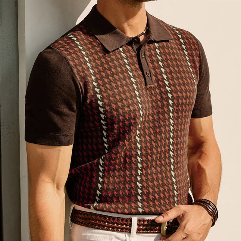 Herren Polo T-Shirt Mit Punktkragen Zwei-Knopf-Leiste Hahnentritt Jacquard Panel
