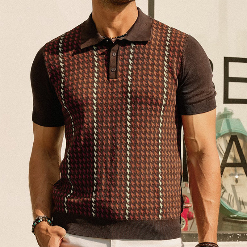 Herren Polo T-Shirt Mit Punktkragen Zwei-Knopf-Leiste Hahnentritt Jacquard Panel