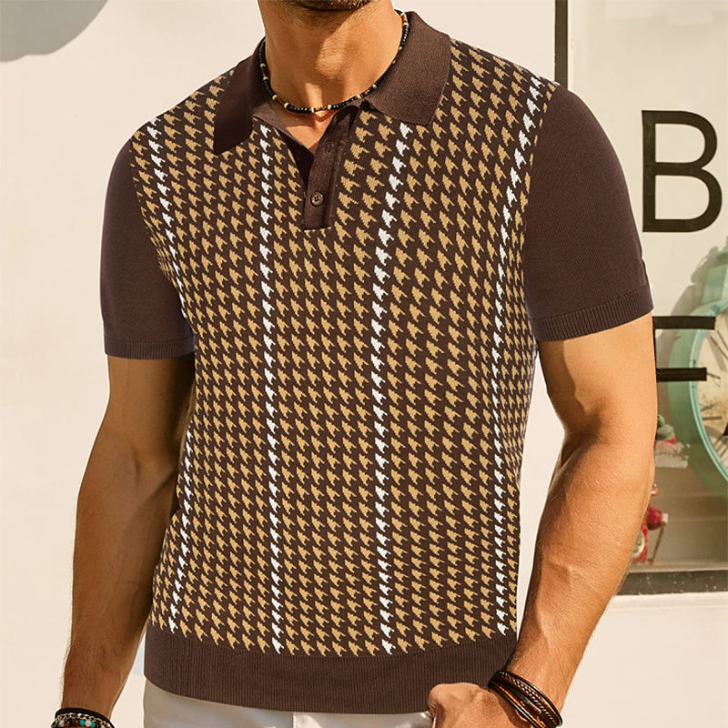 Herren Polo T-Shirt Mit Punktkragen Zwei-Knopf-Leiste Hahnentritt Jacquard Panel