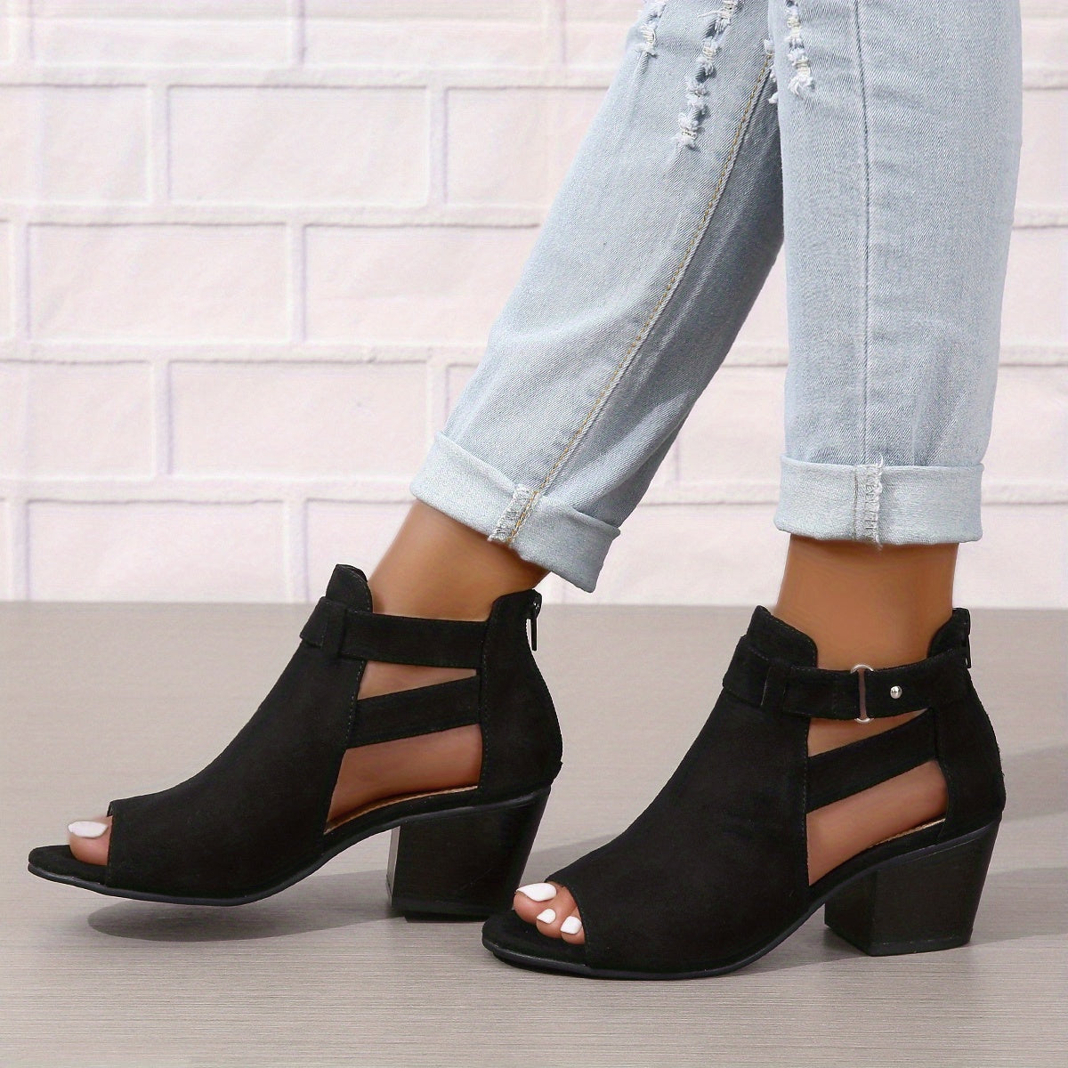 Damen Blockabsatz Sandalen Mit Peep Toe Cutout Knöchelriemen Und Schnalle